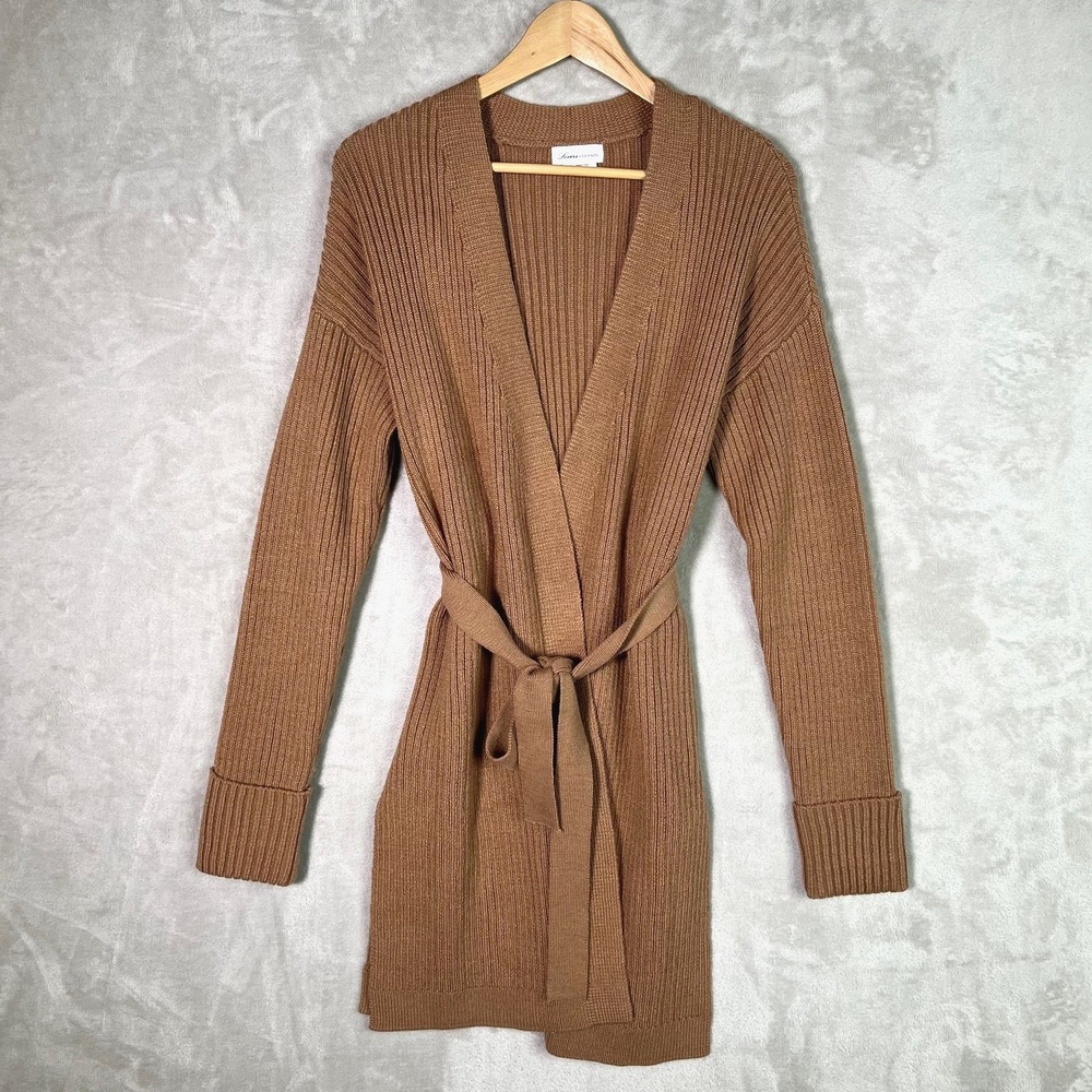Lovers + Friends Cardigan Small Brown Tie Waist Ribbed Duster Sweater Wool Blend